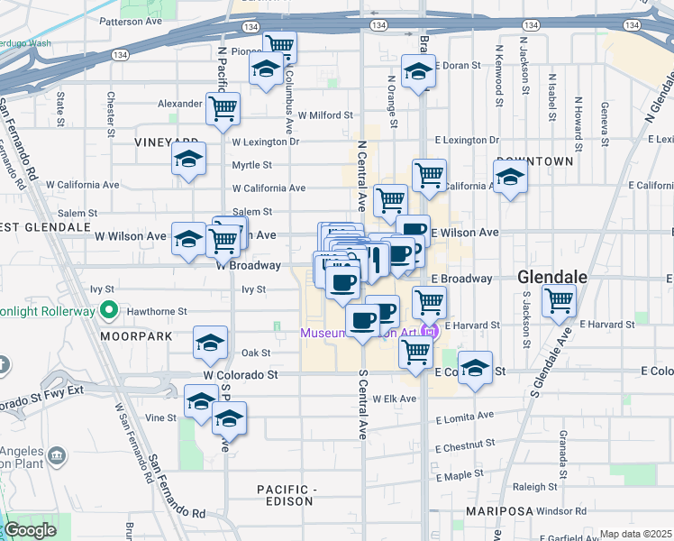 map of restaurants, bars, coffee shops, grocery stores, and more near 1106 Galleria Way in Glendale