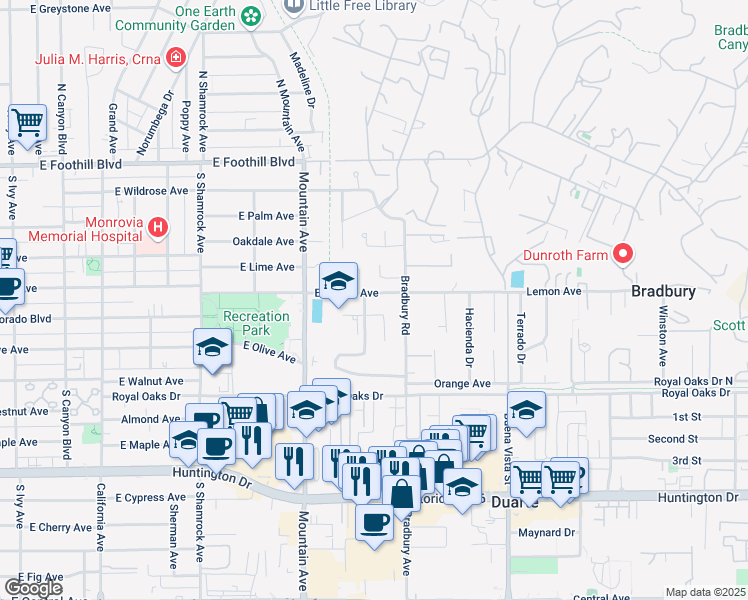 map of restaurants, bars, coffee shops, grocery stores, and more near 1014 East Lemon Avenue in Monrovia