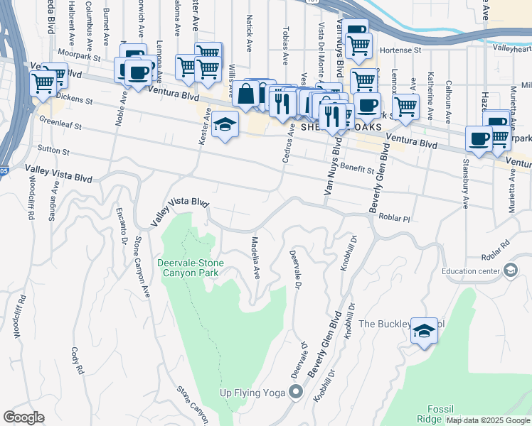 map of restaurants, bars, coffee shops, grocery stores, and more near 14619 Valley Vista Boulevard in Los Angeles