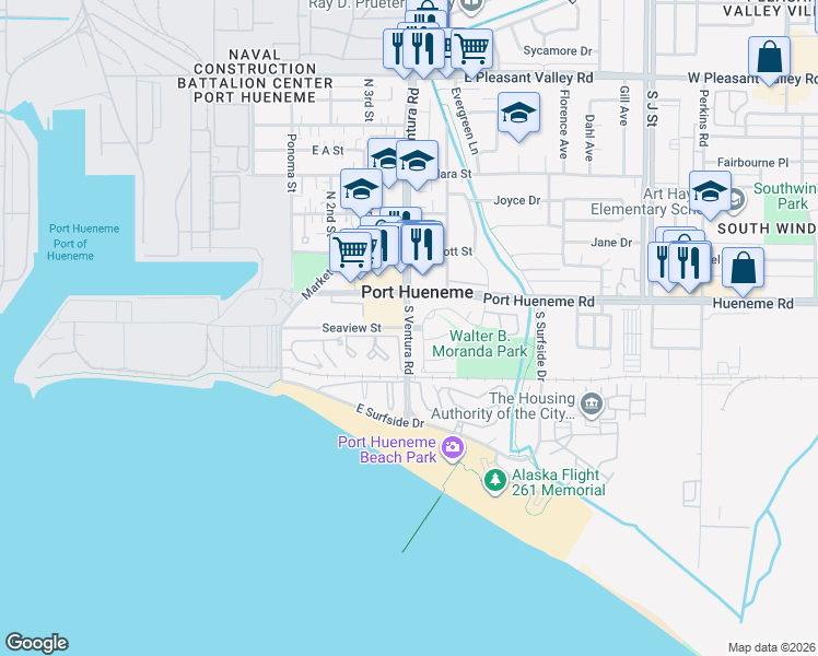 map of restaurants, bars, coffee shops, grocery stores, and more near South Ventura Road & Seaview Street in Port Hueneme