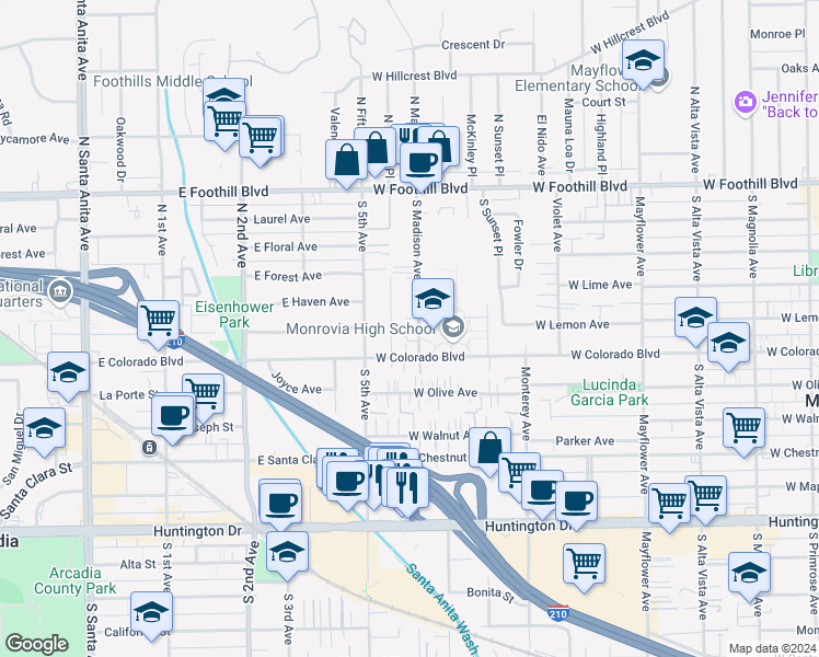 map of restaurants, bars, coffee shops, grocery stores, and more near 503 South Madison Avenue in Monrovia