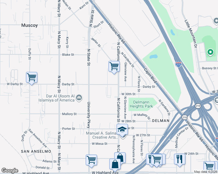 map of restaurants, bars, coffee shops, grocery stores, and more near 1941 Darby Street in Muscoy