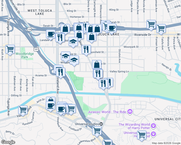 map of restaurants, bars, coffee shops, grocery stores, and more near 10749 Acama Street in Los Angeles