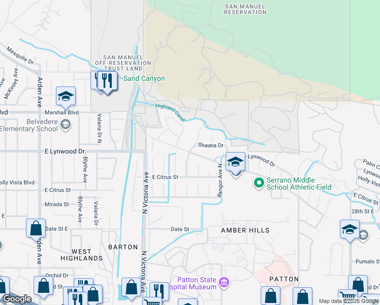 map of restaurants, bars, coffee shops, grocery stores, and more near 3122 North Indian Canyon Court in Highland