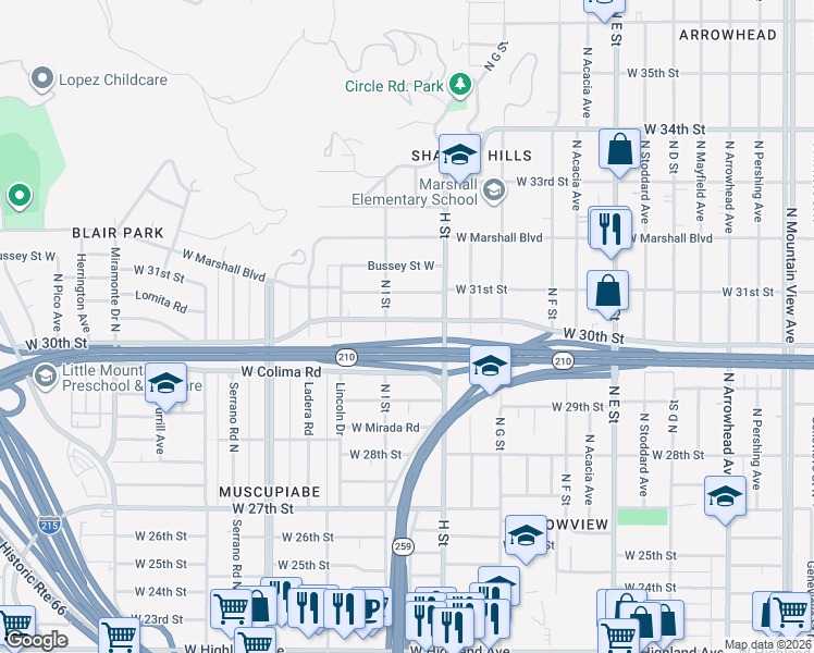 map of restaurants, bars, coffee shops, grocery stores, and more near 863 West 30th Street in San Bernardino