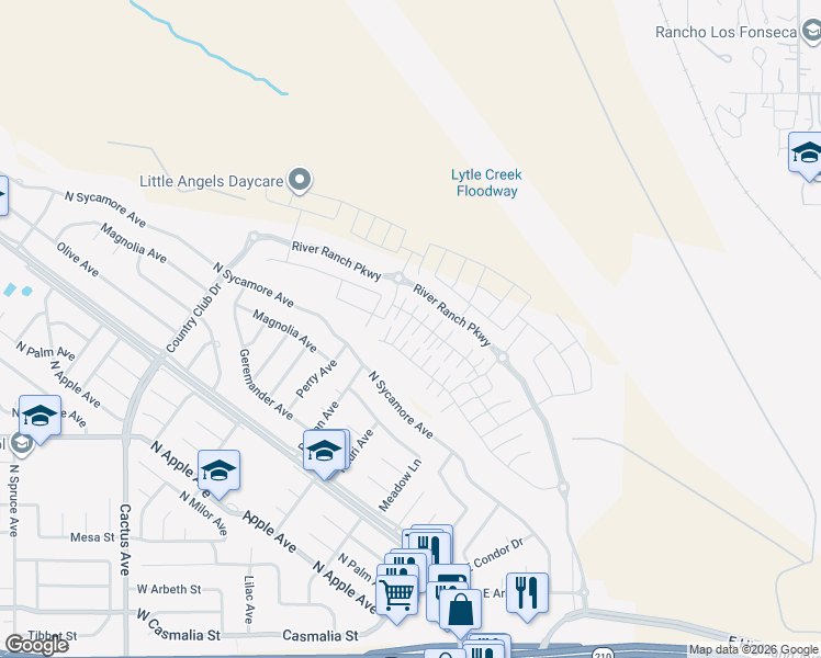 map of restaurants, bars, coffee shops, grocery stores, and more near 2526 Gunner Ridge Way in Rialto