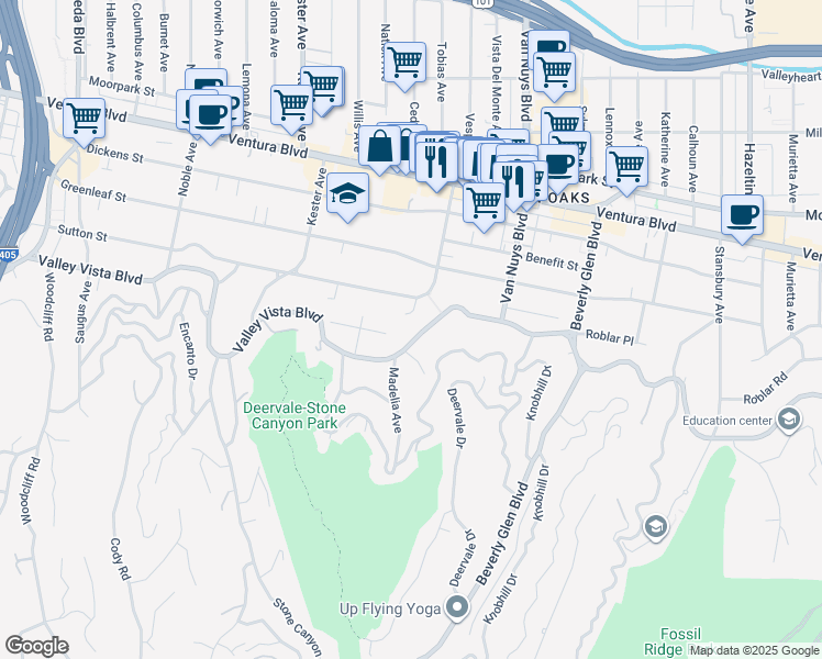 map of restaurants, bars, coffee shops, grocery stores, and more near 14632 Valley Vista Boulevard in Los Angeles