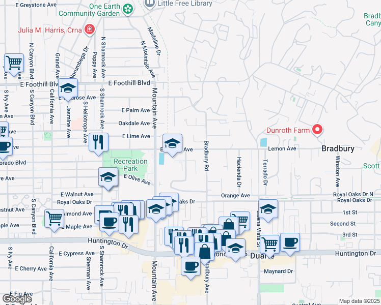 map of restaurants, bars, coffee shops, grocery stores, and more near 1014 East Lemon Avenue in Monrovia