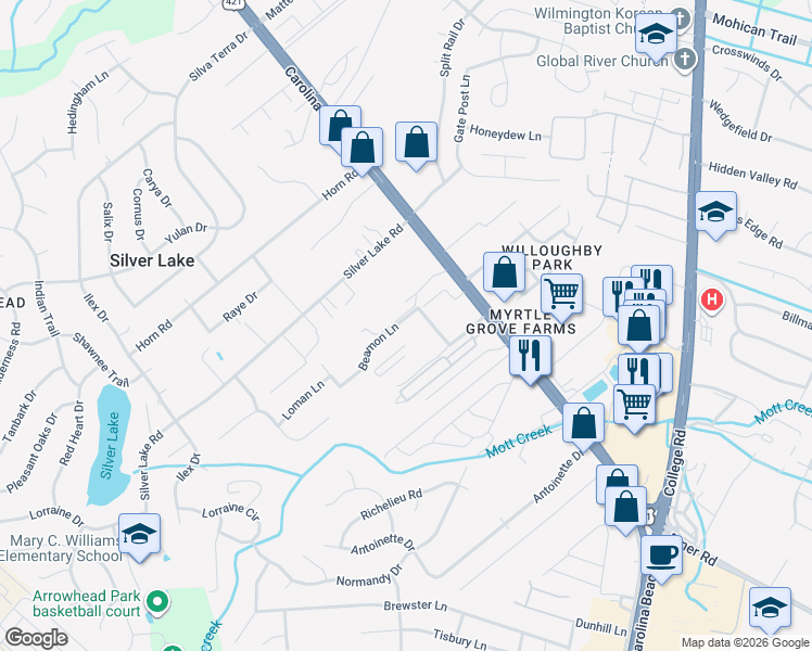 map of restaurants, bars, coffee shops, grocery stores, and more near 1214 Beamon Lane in Wilmington
