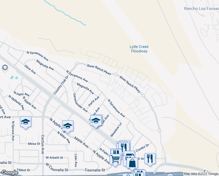 map of restaurants, bars, coffee shops, grocery stores, and more near 367 Horseshoe Drive in Rialto