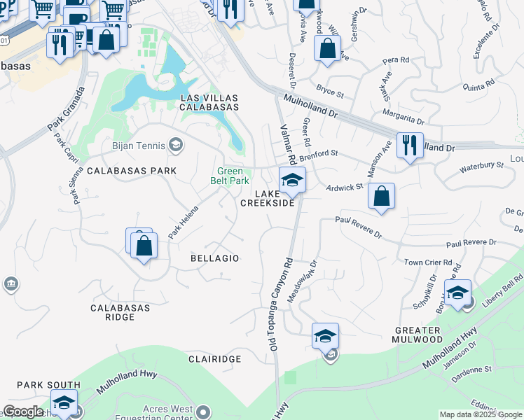 map of restaurants, bars, coffee shops, grocery stores, and more near 4261 Temma Court in Calabasas