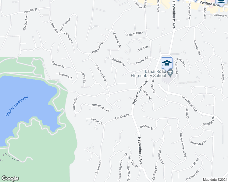 map of restaurants, bars, coffee shops, grocery stores, and more near 16849 Adlon Road in Los Angeles