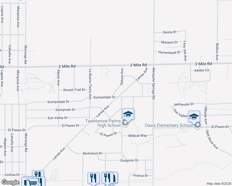 map of restaurants, bars, coffee shops, grocery stores, and more near 72646 Larrea Avenue in Twentynine Palms