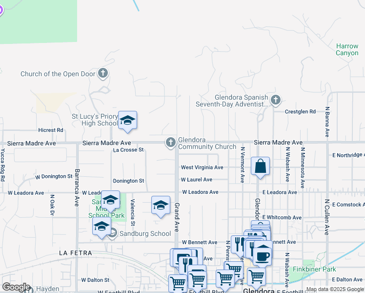 map of restaurants, bars, coffee shops, grocery stores, and more near 450 Sierra Madre Avenue in Glendora