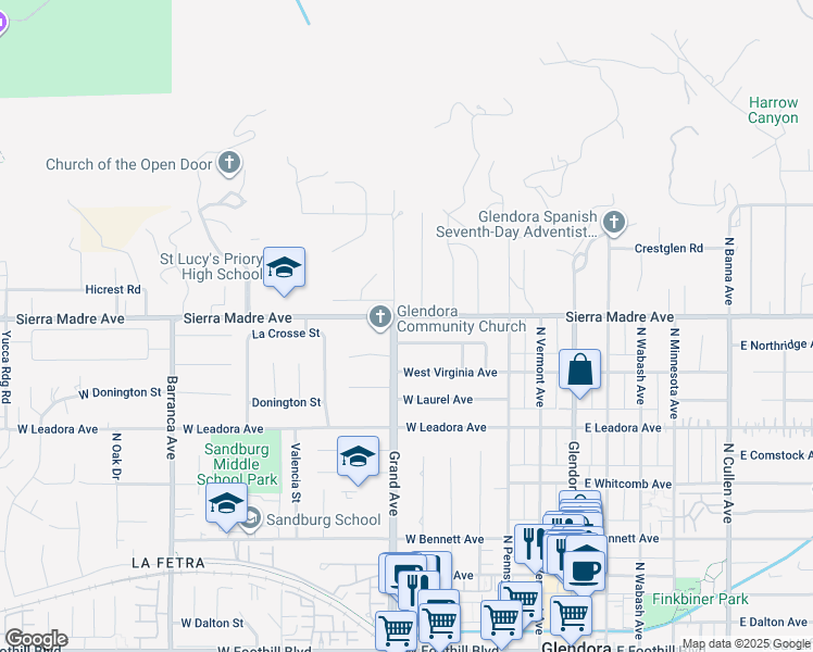 map of restaurants, bars, coffee shops, grocery stores, and more near 450 Sierra Madre Avenue in Glendora