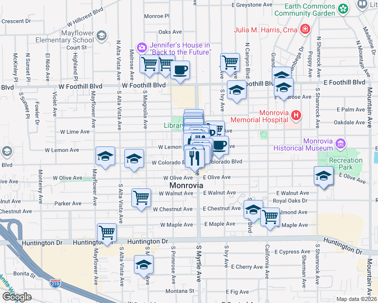 map of restaurants, bars, coffee shops, grocery stores, and more near 507 Falling Leaf Alley in Monrovia