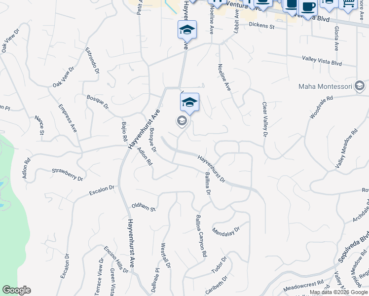 map of restaurants, bars, coffee shops, grocery stores, and more near 4186 Hayvenhurst Drive in Los Angeles