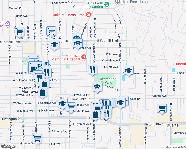 map of restaurants, bars, coffee shops, grocery stores, and more near 622 East Colorado Boulevard in Monrovia