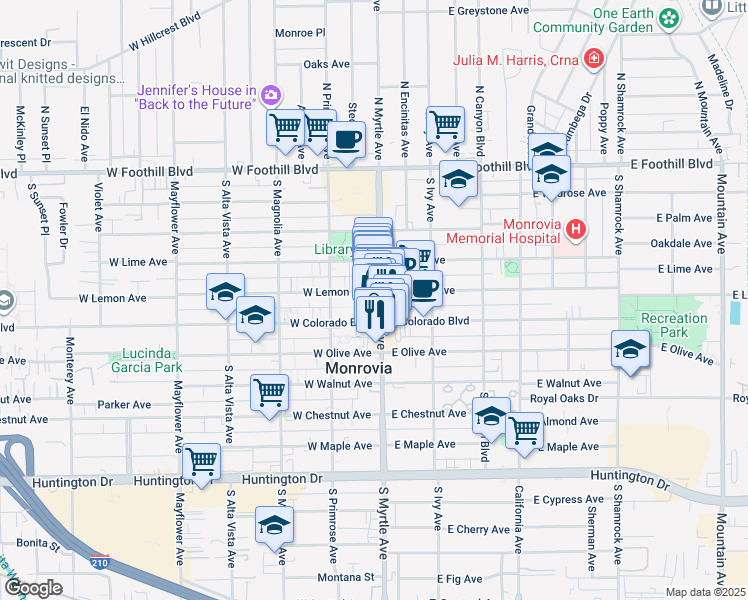 map of restaurants, bars, coffee shops, grocery stores, and more near 125 West Colorado Boulevard in Monrovia