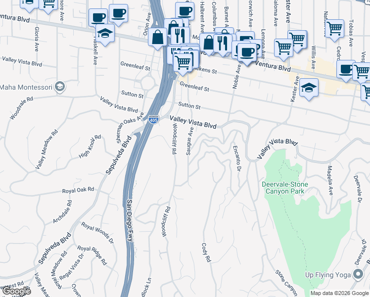 map of restaurants, bars, coffee shops, grocery stores, and more near 4203 Saugus Avenue in Los Angeles