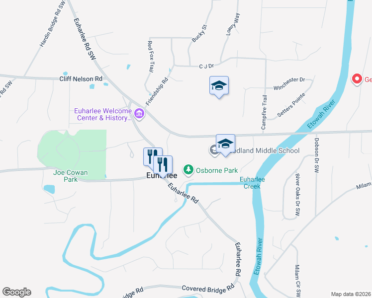 map of restaurants, bars, coffee shops, grocery stores, and more near 1089 Euharlee Road Southwest in Euharlee
