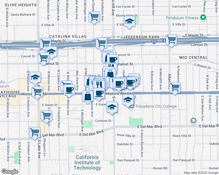 map of restaurants, bars, coffee shops, grocery stores, and more near in Pasadena