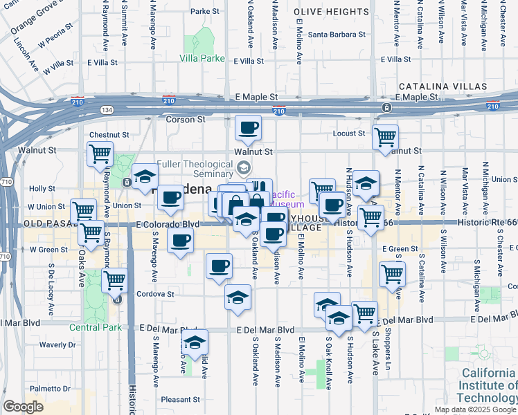 map of restaurants, bars, coffee shops, grocery stores, and more near 88 North Oakland Avenue in Pasadena