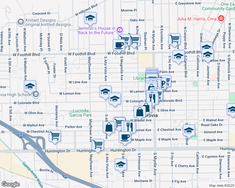 map of restaurants, bars, coffee shops, grocery stores, and more near 316 West Lemon Avenue in Monrovia
