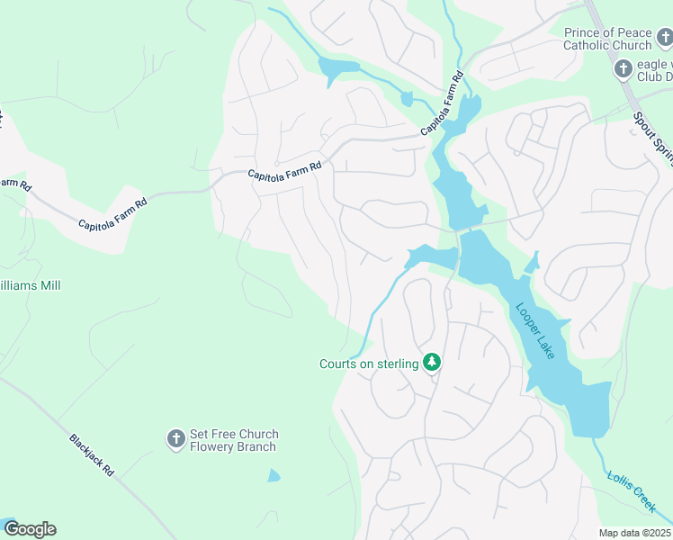 map of restaurants, bars, coffee shops, grocery stores, and more near 6675 Capitola Farm Road in Flowery Branch