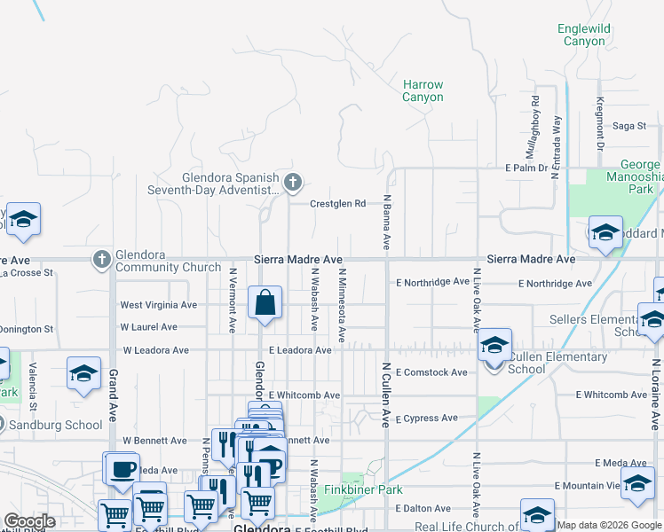 map of restaurants, bars, coffee shops, grocery stores, and more near 326 Sierra Madre Avenue in Glendora