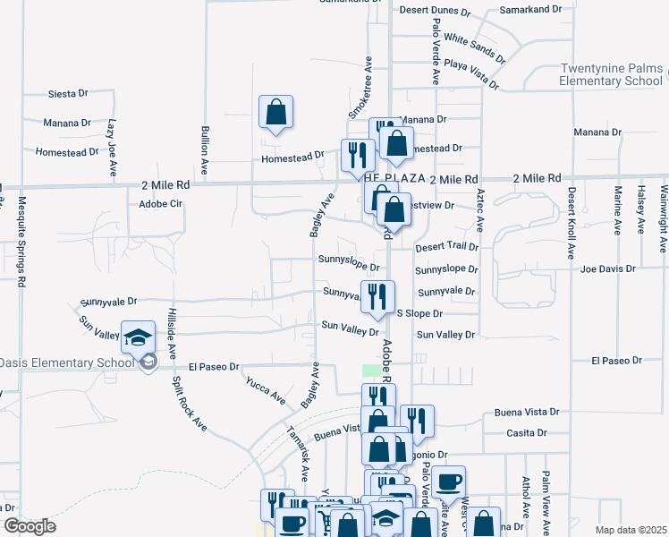 map of restaurants, bars, coffee shops, grocery stores, and more near 73577 Sunnyslope Drive in Twentynine Palms