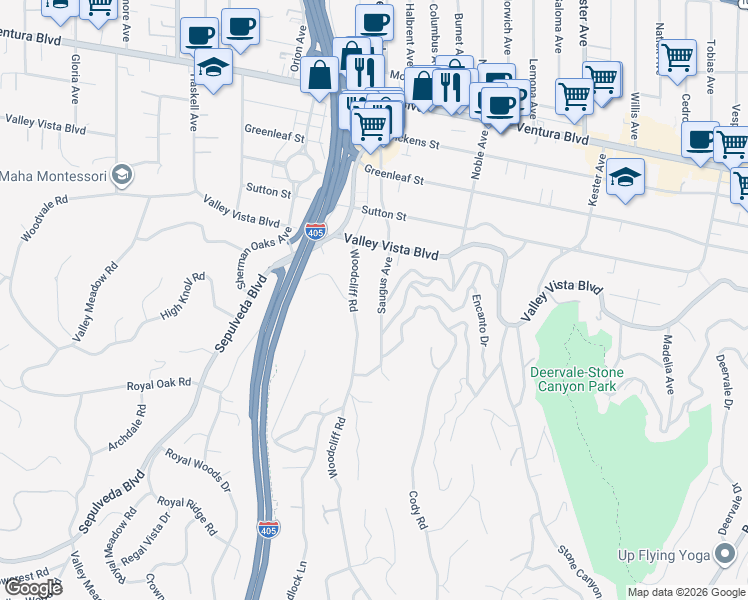 map of restaurants, bars, coffee shops, grocery stores, and more near 4144 Woodcliff Road in Los Angeles