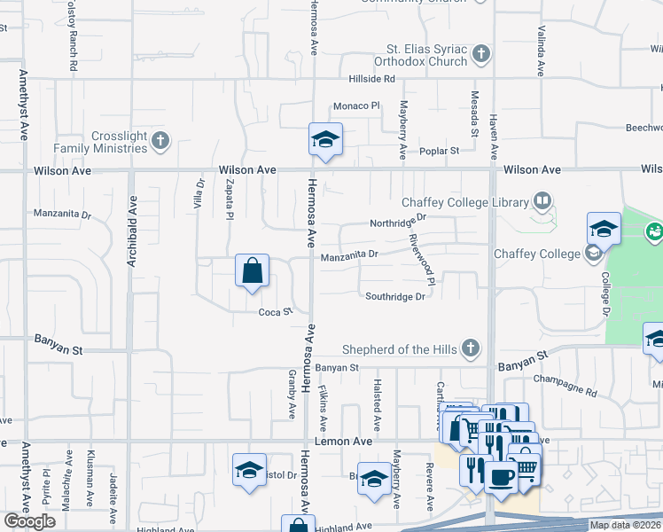 map of restaurants, bars, coffee shops, grocery stores, and more near 10142 Thorpe Court in Rancho Cucamonga