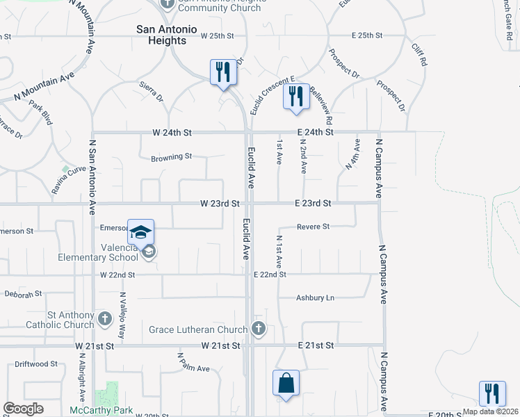 map of restaurants, bars, coffee shops, grocery stores, and more near 2278 North Euclid Avenue in Upland