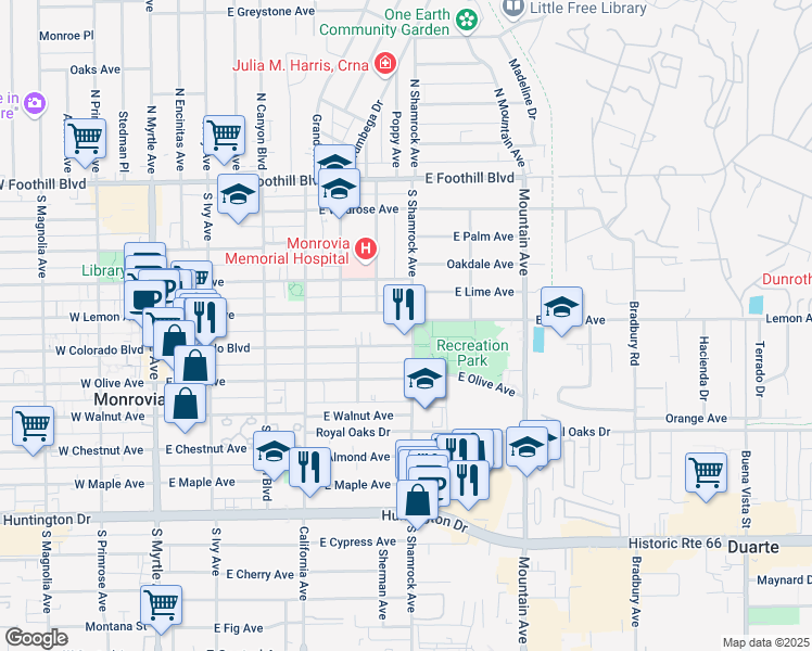 map of restaurants, bars, coffee shops, grocery stores, and more near 622 East Colorado Boulevard in Monrovia
