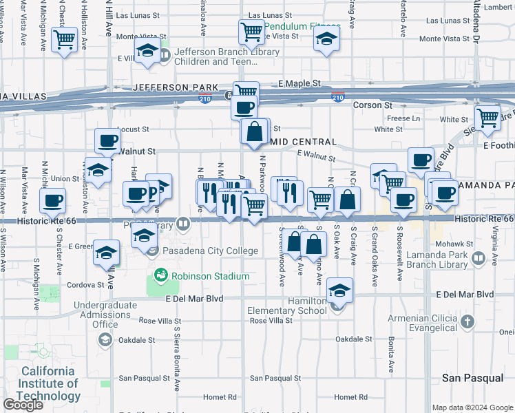 map of restaurants, bars, coffee shops, grocery stores, and more near 1890 East Colorado Boulevard in Pasadena
