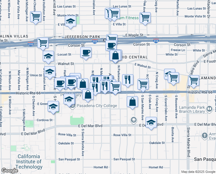 map of restaurants, bars, coffee shops, grocery stores, and more near 1814 East Colorado Boulevard in Pasadena