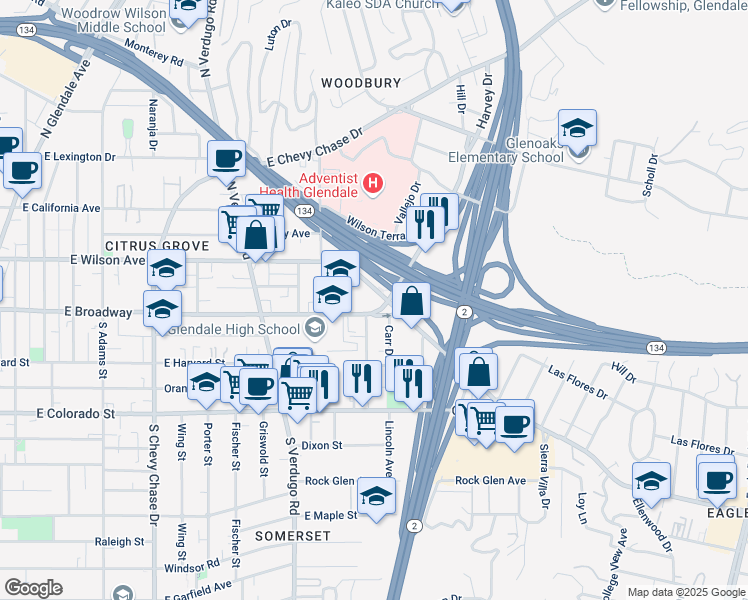 map of restaurants, bars, coffee shops, grocery stores, and more near 1534 East Broadway in Glendale