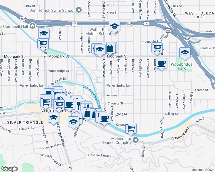 map of restaurants, bars, coffee shops, grocery stores, and more near 4220 Colfax Avenue in Los Angeles