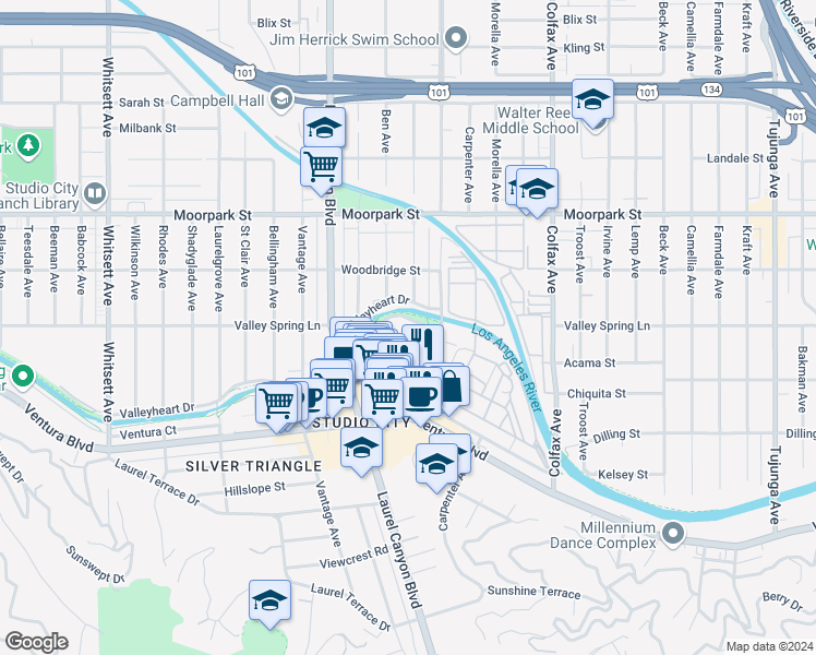map of restaurants, bars, coffee shops, grocery stores, and more near 12030 Valleyheart Drive in Los Angeles