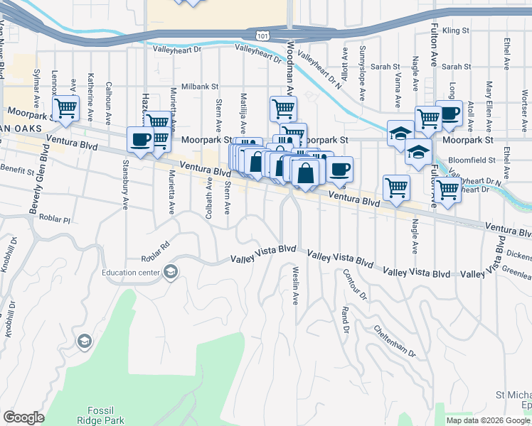 map of restaurants, bars, coffee shops, grocery stores, and more near 4136 Mammoth Avenue in Los Angeles