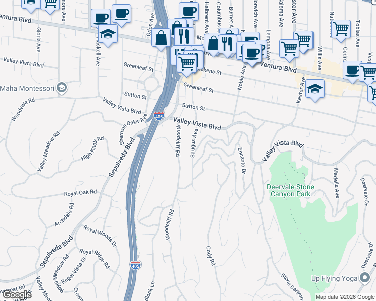 map of restaurants, bars, coffee shops, grocery stores, and more near 4144 Woodcliff Road in Los Angeles