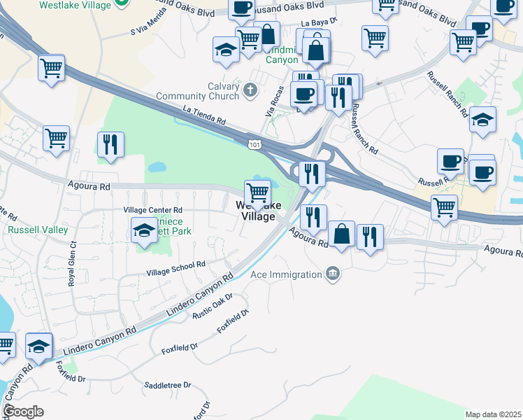 map of restaurants, bars, coffee shops, grocery stores, and more near in Westlake Village