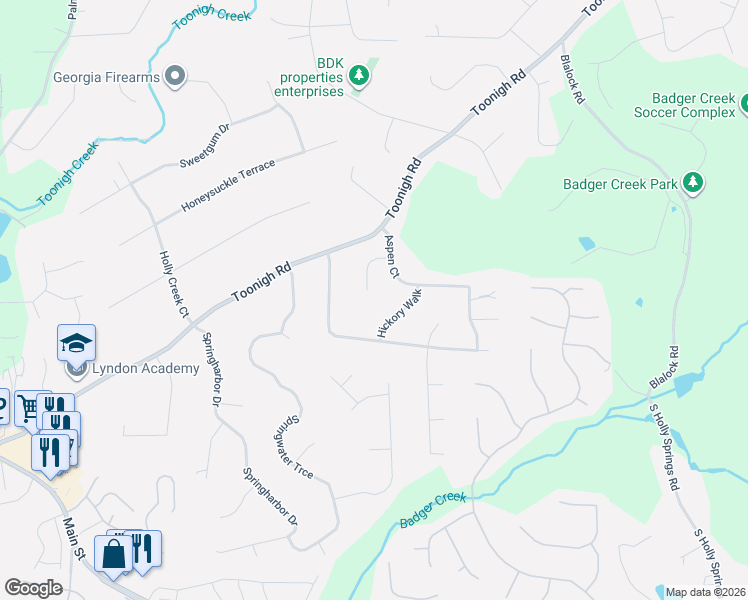 map of restaurants, bars, coffee shops, grocery stores, and more near 307 White Oak Cove in Woodstock