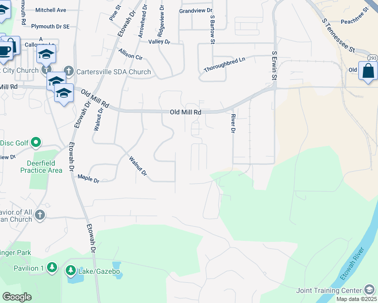 map of restaurants, bars, coffee shops, grocery stores, and more near 150 Old Mill Road in Cartersville