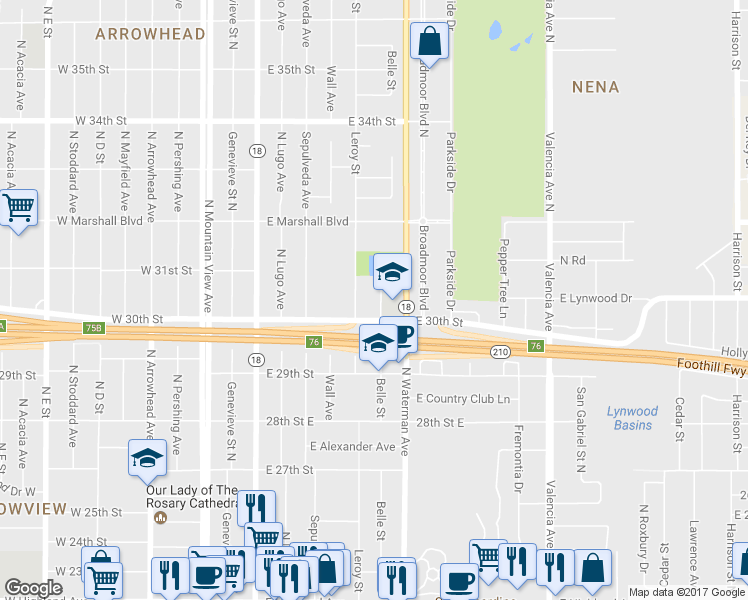 map of restaurants, bars, coffee shops, grocery stores, and more near 3034 Belle Street in San Bernardino