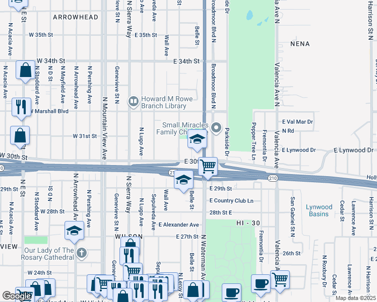 map of restaurants, bars, coffee shops, grocery stores, and more near 3034 Belle Street in San Bernardino