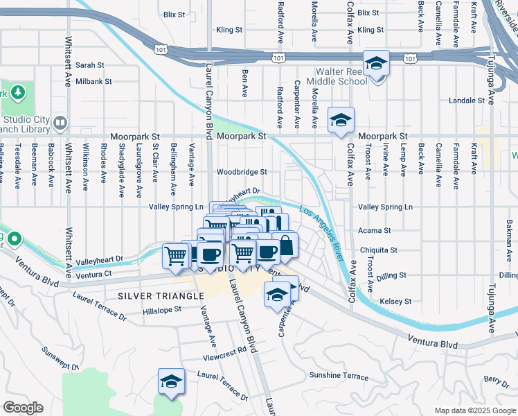 map of restaurants, bars, coffee shops, grocery stores, and more near 12030 Valleyheart Drive in Los Angeles