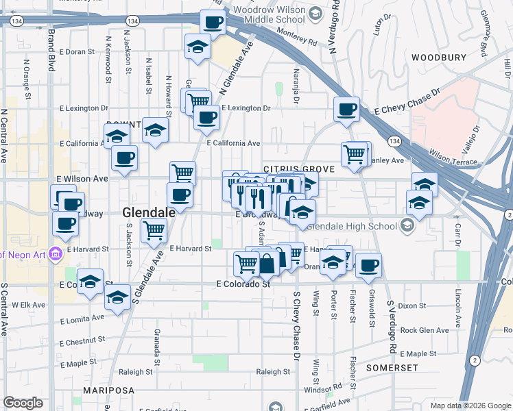 map of restaurants, bars, coffee shops, grocery stores, and more near 109 North Adams Street in Glendale