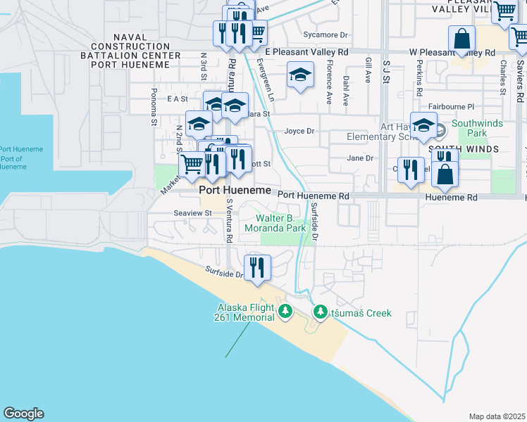 map of restaurants, bars, coffee shops, grocery stores, and more near 532 Village Road in Port Hueneme